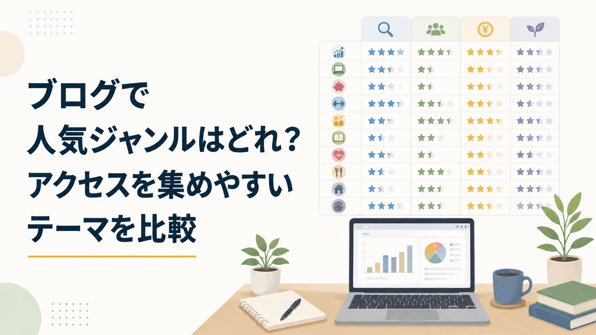 ブログの人気ジャンル10種類を検索需要・競合・収益性・継続性で比較する図解