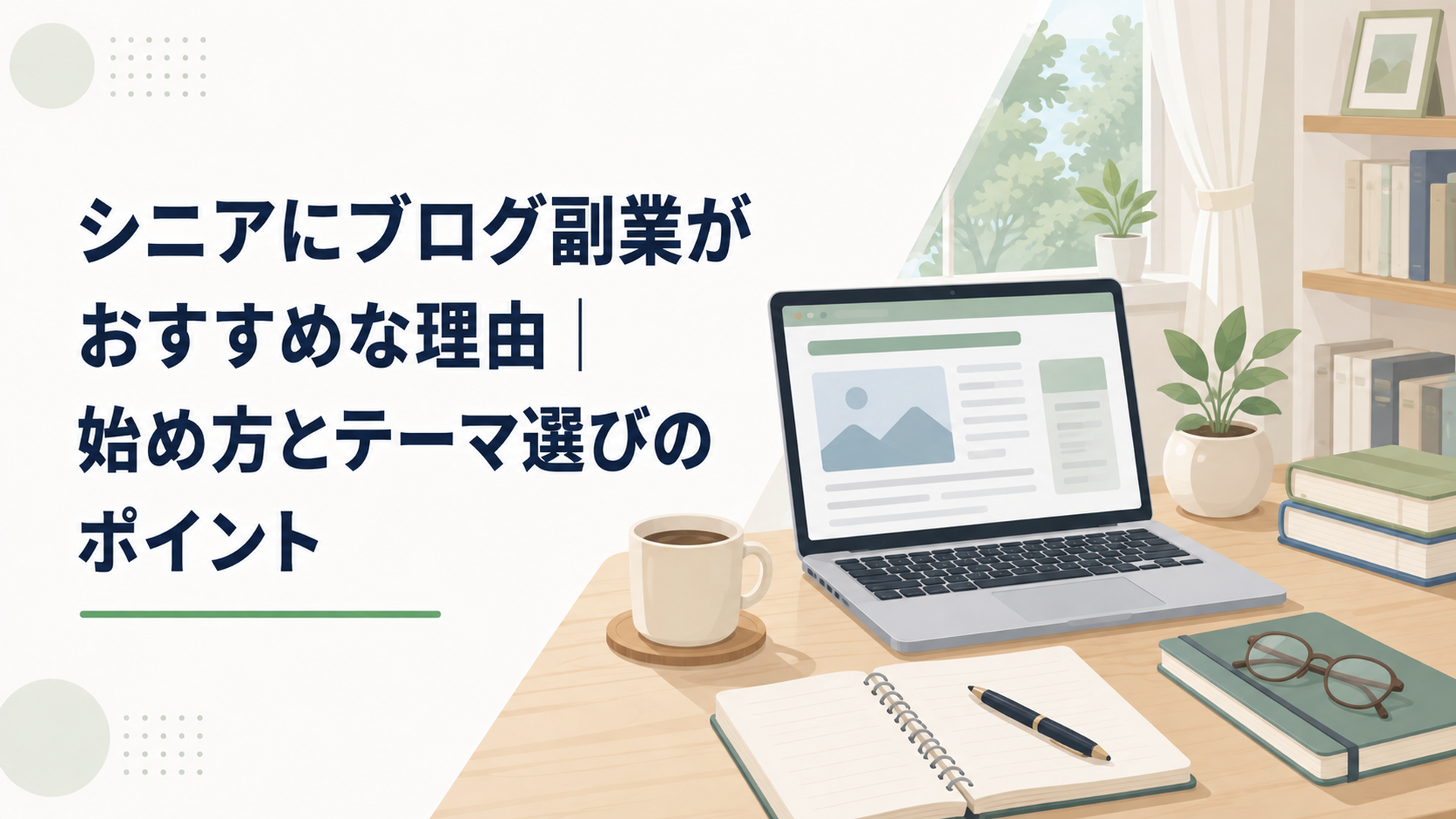 自宅の落ち着いたデスクでパソコンを使いブログ副業の記事を作成する50代60代の作業環境
