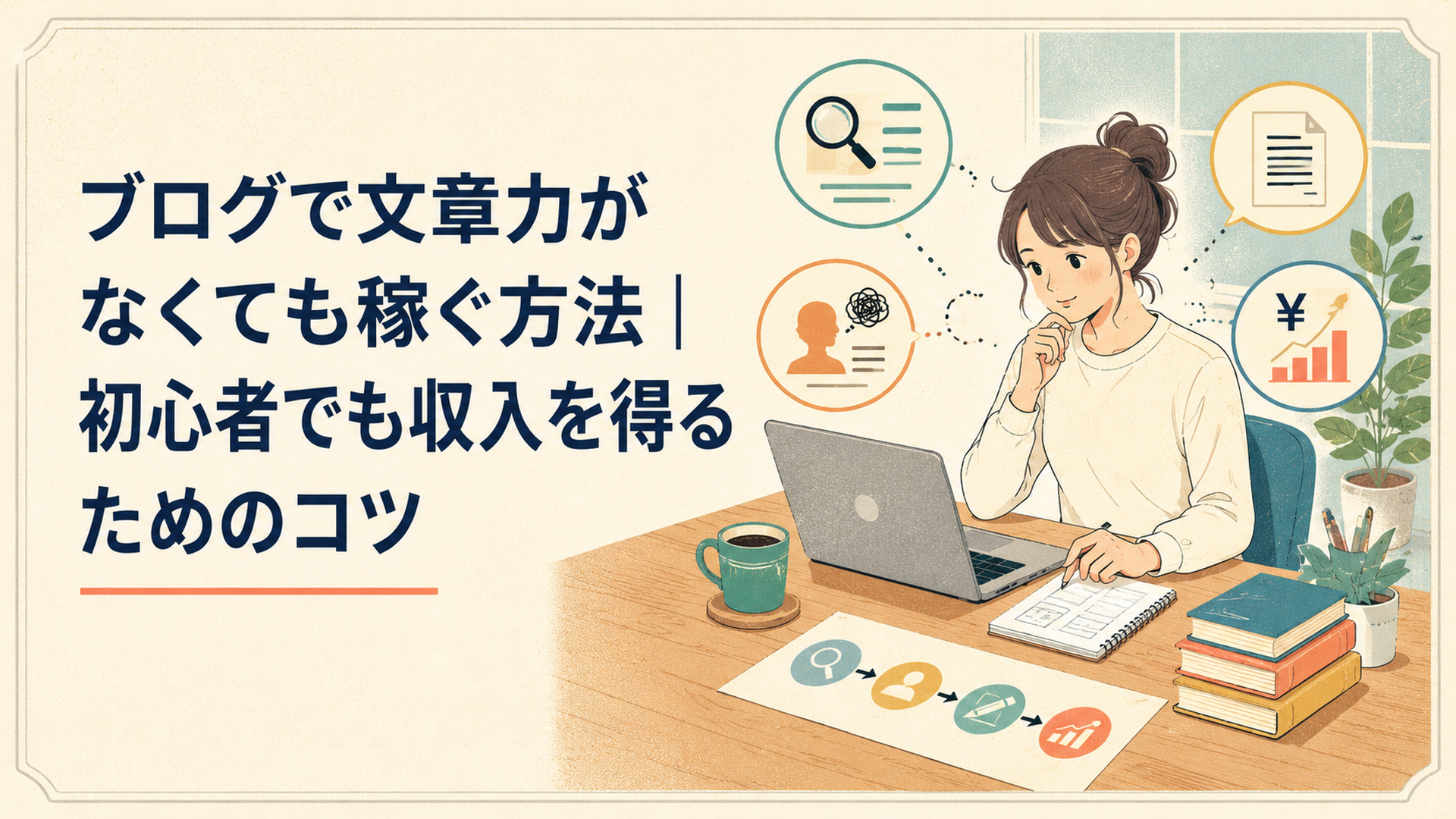 検索キーワードと読者の悩みを調べながらブログ記事を書き収益までの流れを設計する初心者