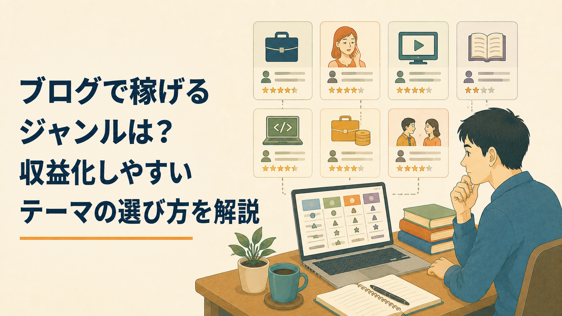 パソコンで検索順位やアクセス解析を確認しながらブログ収益化の改善に取り組む会社員