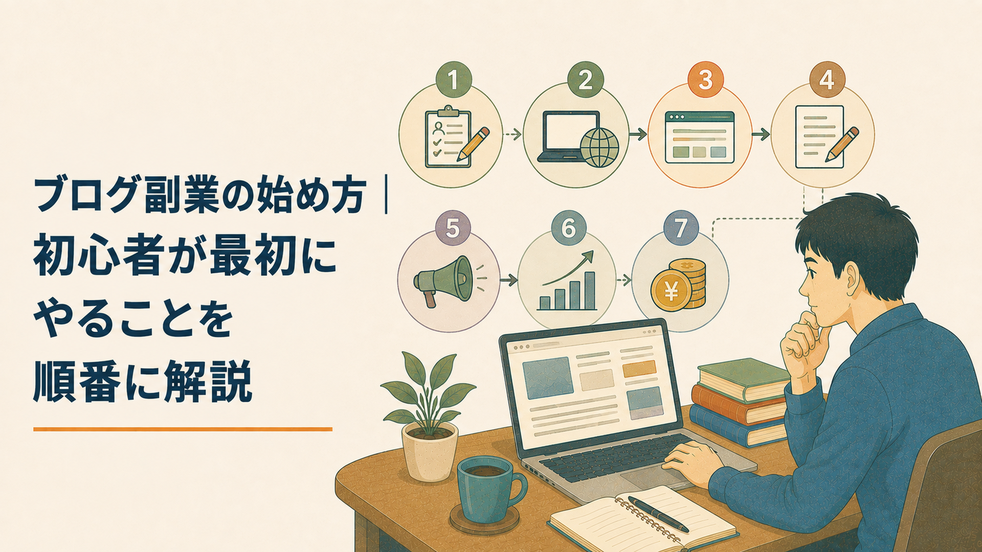 会社員がパソコンでブログの記事構成とアクセスデータを確認し収益化の流れを設計している場面