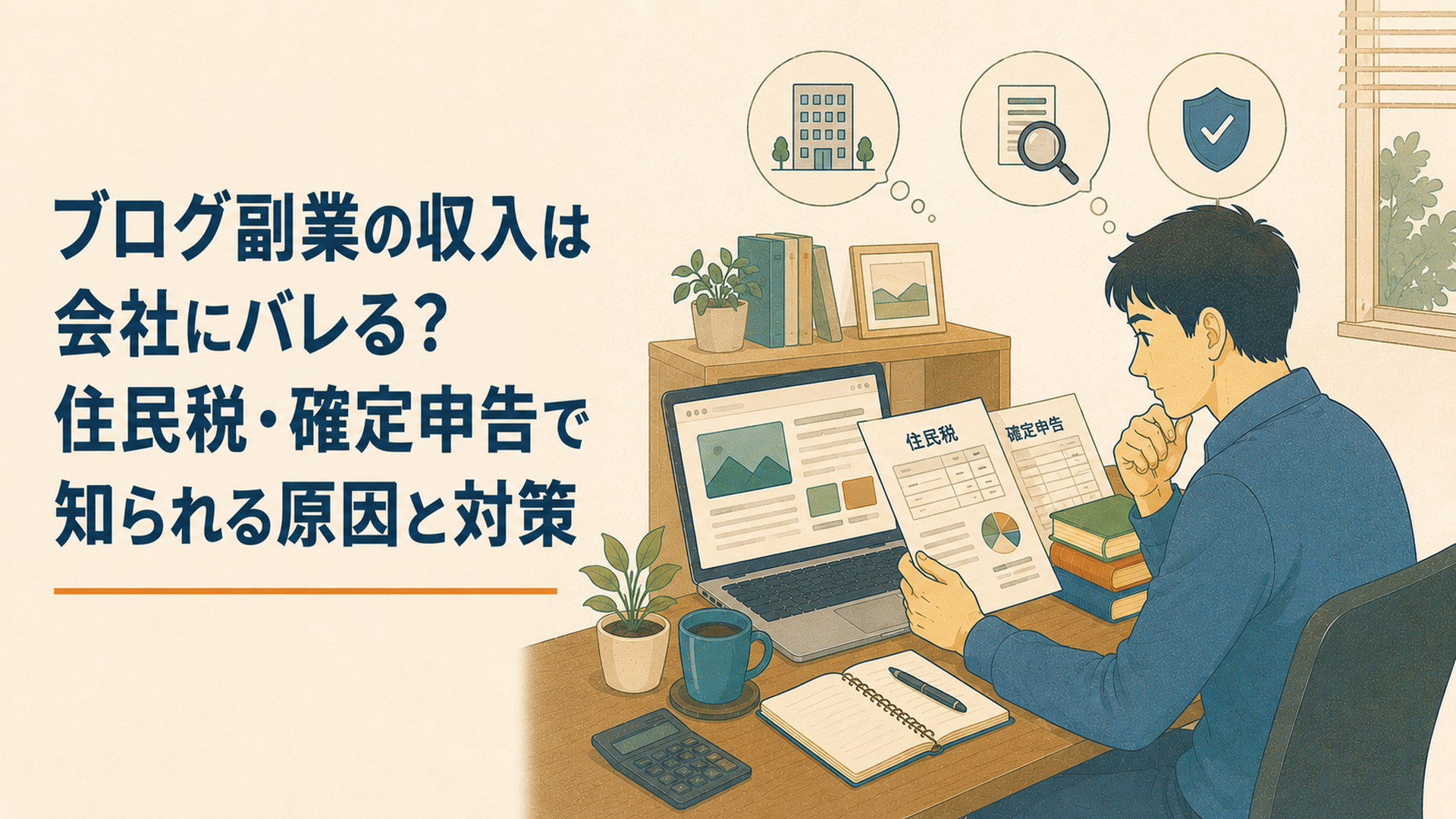 会社員がノートパソコンでブログのPV数と記事数と月5万円までの収益計画を分析している場面
