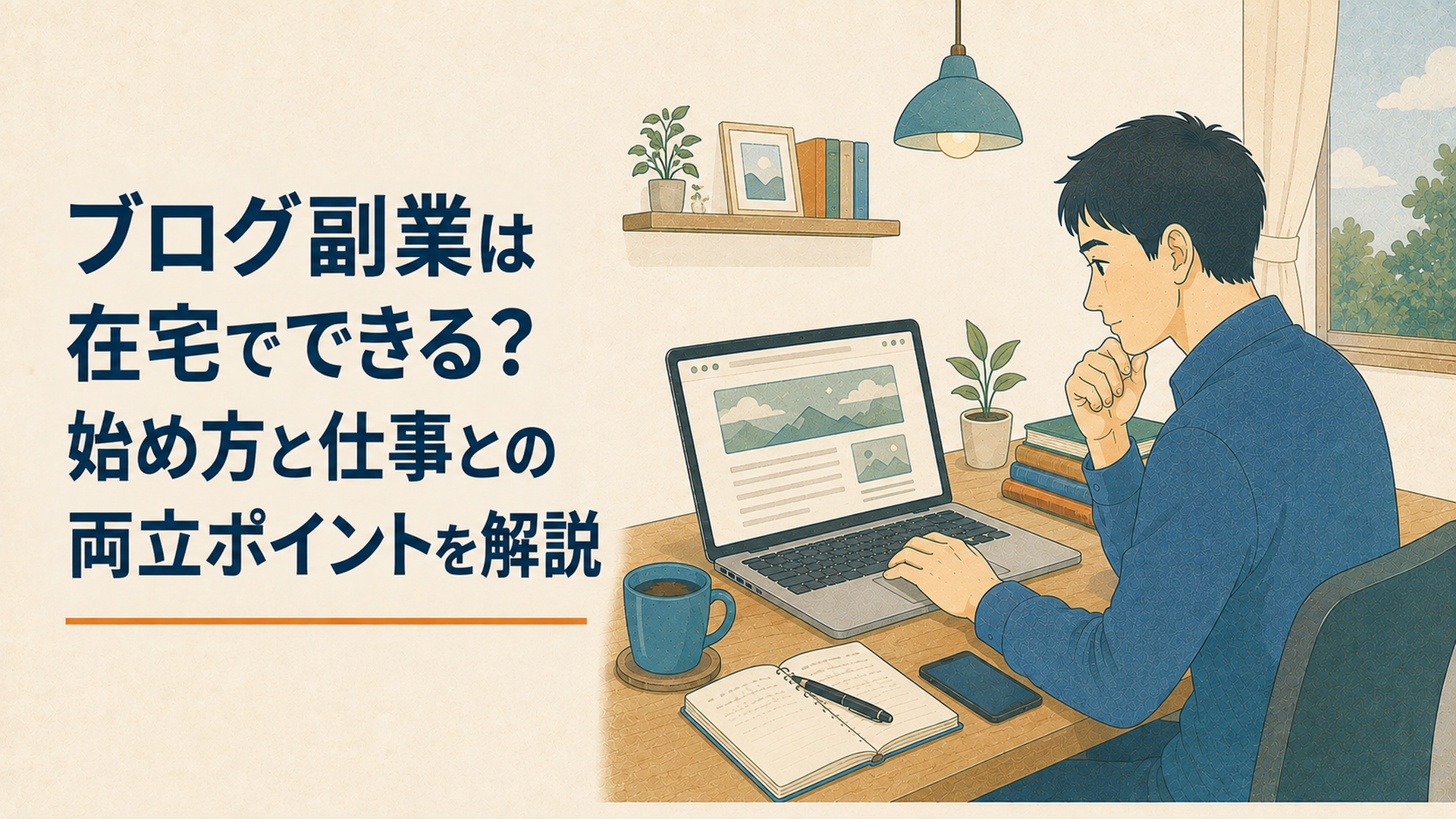 自宅のデスクでノートパソコンを使い副業ブログの記事を作成する会社員