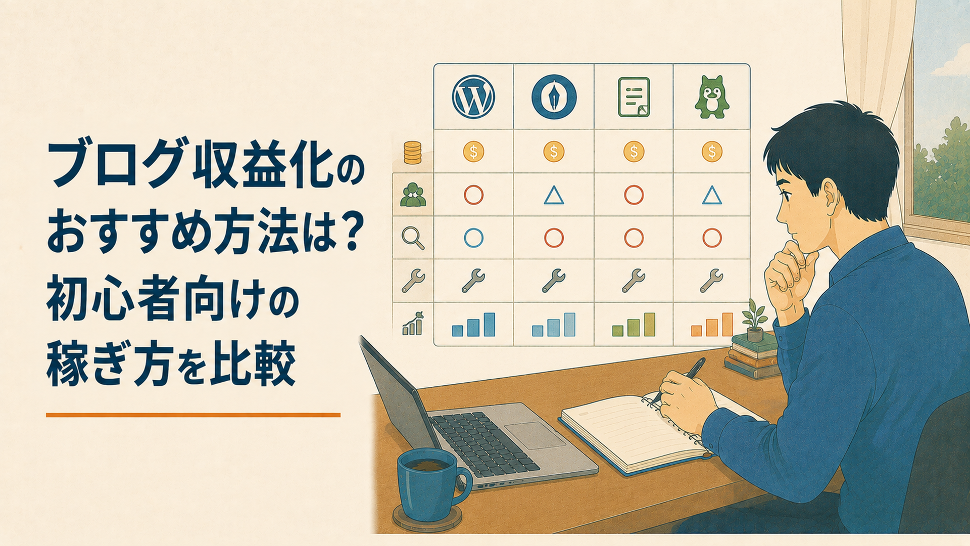 パソコンで検索順位やブログ収益データを確認しながら改善策を考える会社員